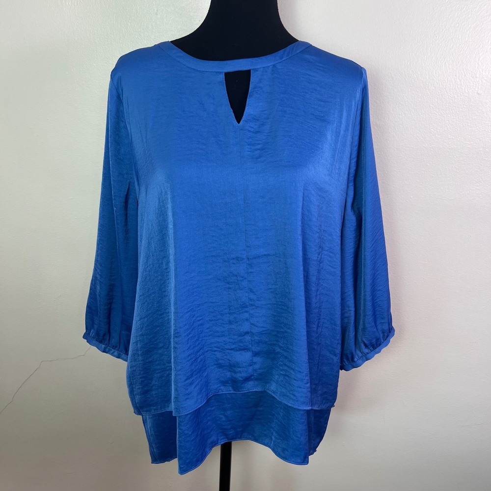 Chico's Size 2 (L/12) Blue Keyhole Neck Layered Hem 3/4 Sleeve Tunic Minimalist